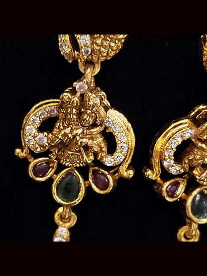 Peacock top 3cm long Radha Krishna earrings with ruby and green stones