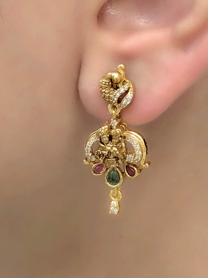 Peacock top 3cm long Radha Krishna earrings with ruby and green stones