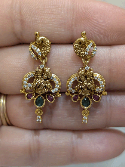 Peacock top 3cm long Radha Krishna earrings with ruby and green stones