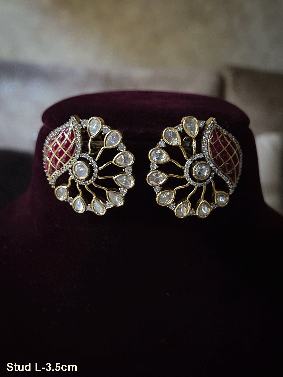 Circular kundan studs with one side coloured leaf design(3.5cm)