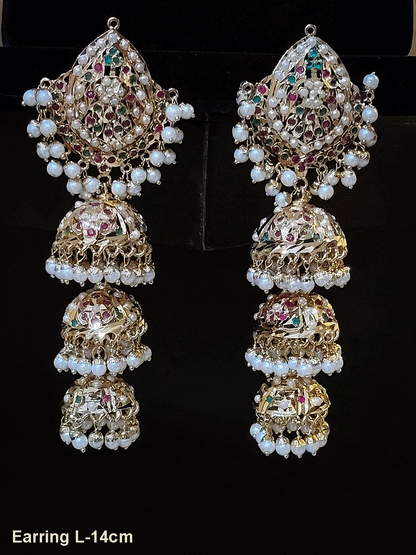 Leaf top desingn triple jhoomki 14cm long jadau earrings(Weight-84g)
