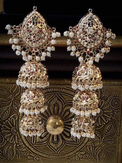 Leaf top desingn triple jhoomki 14cm long jadau earrings(Weight-84g)