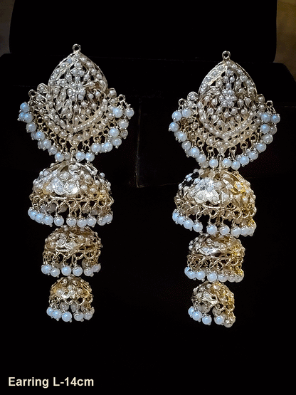 Leaf top desingn triple jhoomki 14cm long jadau earrings(Weight-84g)