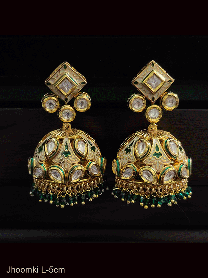 White and coloured enamel kundan jhoomkies with coloured beads