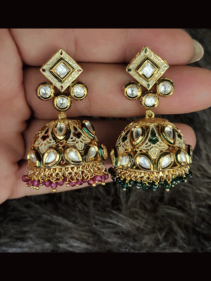 White and coloured enamel kundan jhoomkies with coloured beads