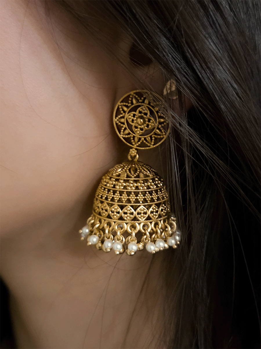 Circular top with leaf design domb pearl bead frill jhoomki