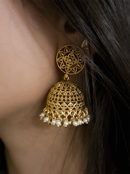 Circular top with leaf design domb pearl bead frill jhoomki