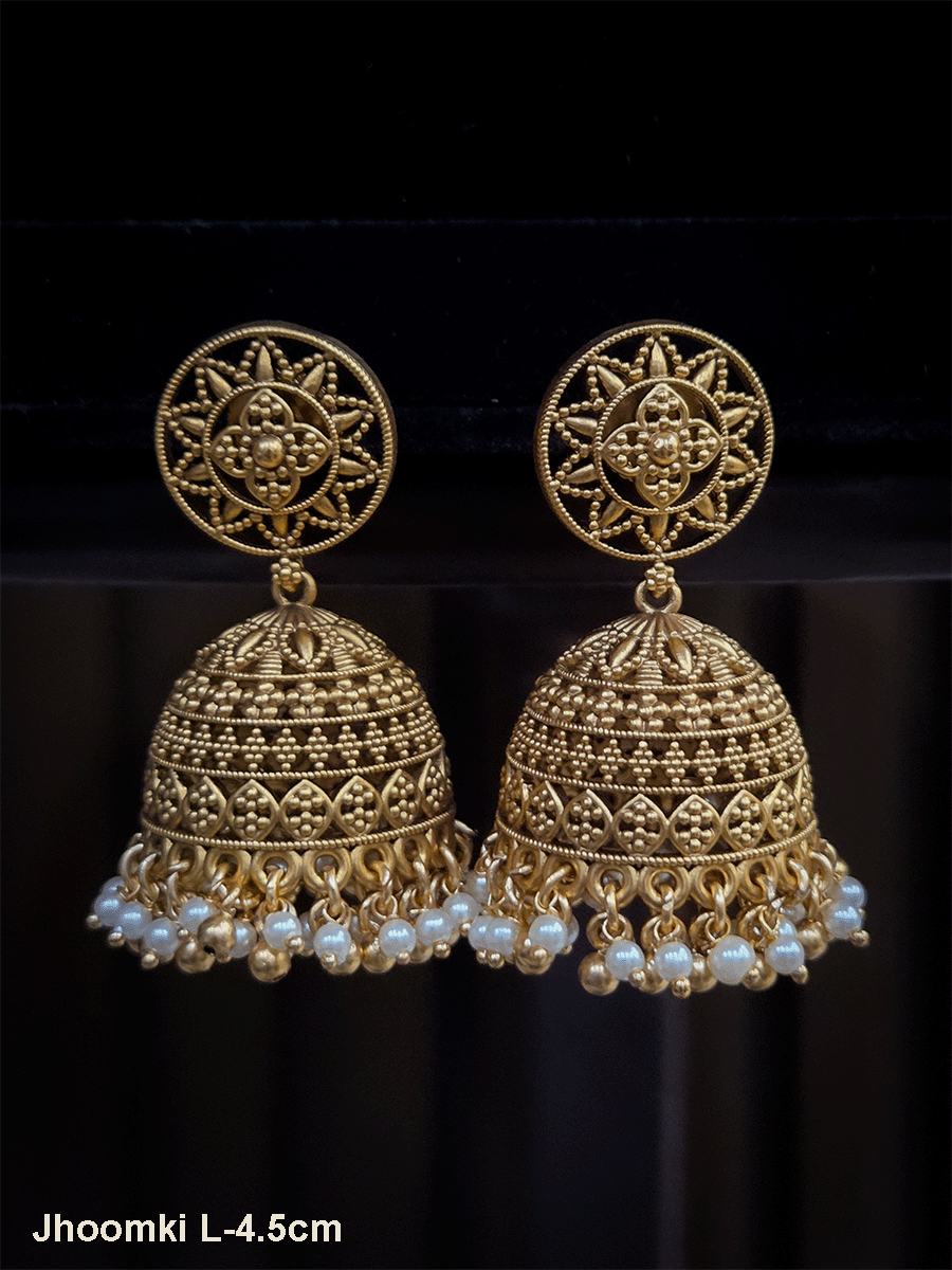 Circular top with leaf design domb pearl bead frill jhoomki