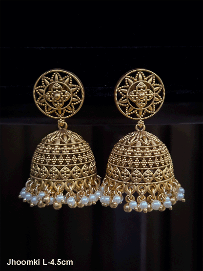 Circular top with leaf design domb pearl bead frill jhoomki