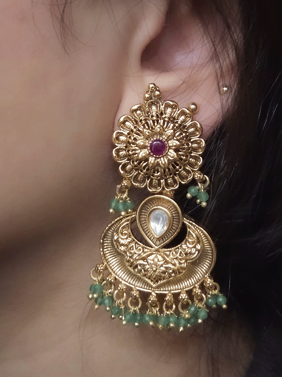 Flower top with ruby stone kundan in center earrings with mint beads 5.5cm