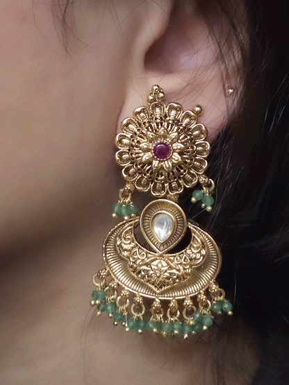 Flower top with ruby stone kundan in center earrings with mint beads 5.5cm