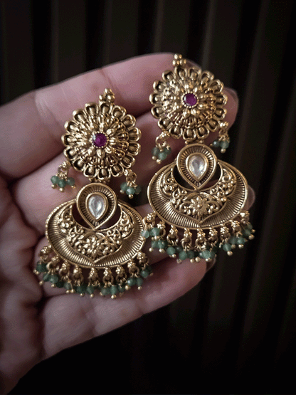 Flower top with ruby stone kundan in center earrings with mint beads 5.5cm