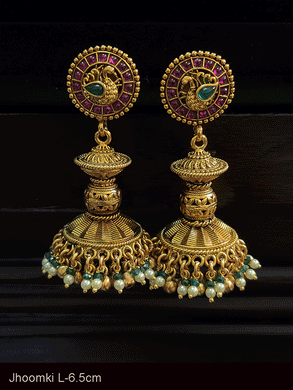 Ruby and green stones peacock circular top gold bead in middle jhoomki