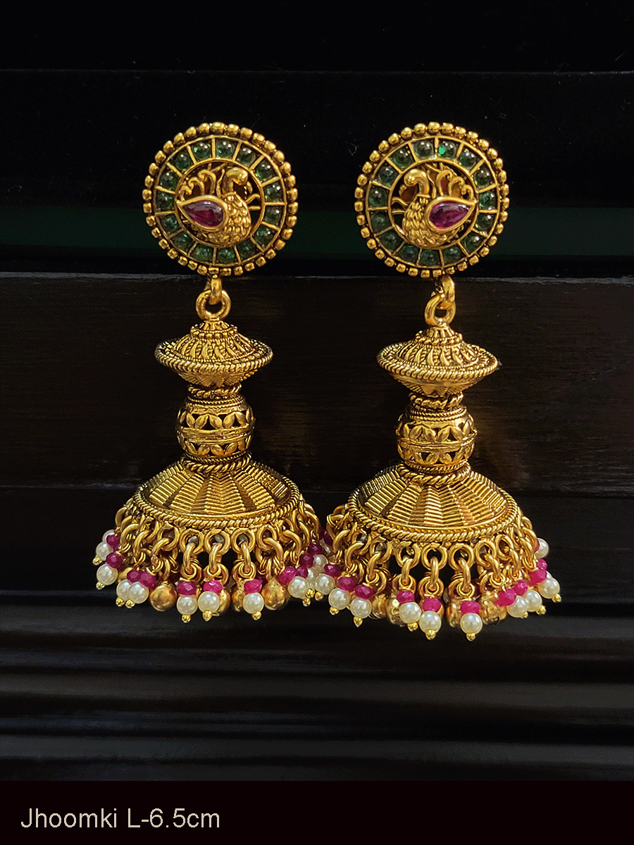 Ruby and green stones peacock circular top gold bead in middle jhoomki