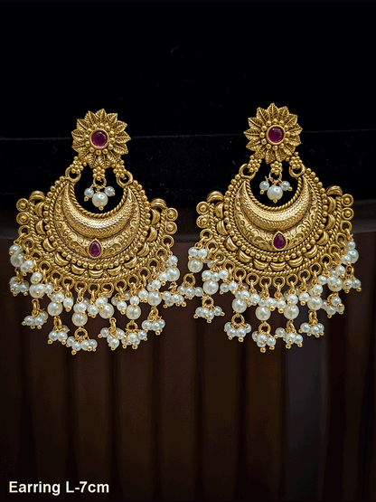 Flower top Chandbali design gold plated earrings with hanging pearly frill