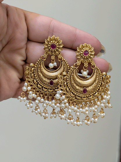 Flower top Chandbali design gold plated earrings with hanging pearly frill
