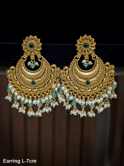 Flower top Chandbali design gold plated earrings with hanging pearly frill