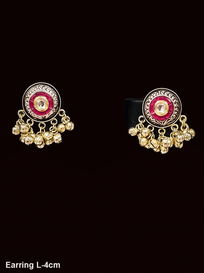 Circular dual finish 4cm ghunghru hanging earrings with kundan in coloured stones center