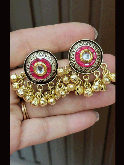 Circular dual finish 4cm ghunghru hanging earrings with kundan in coloured stones center