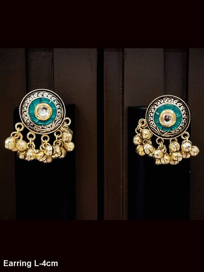 Circular dual finish 4cm ghunghru hanging earrings with kundan in coloured stones center