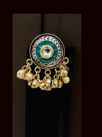 Circular dual finish 4cm ghunghru hanging earrings with kundan in coloured stones center
