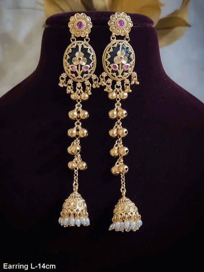 Oval green stone flower design long chain earrings with jhoomki hanging and ghunghru's on chain