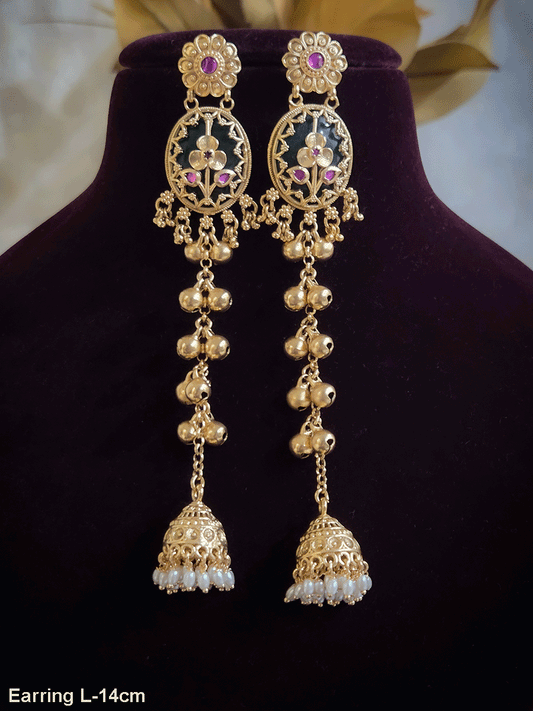 Oval green stone flower design long chain earrings with jhoomki hanging and ghunghru's on chain