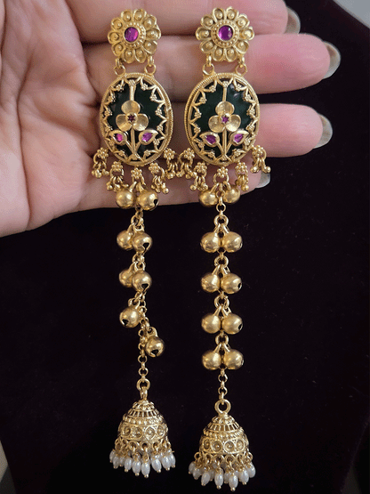 Oval green stone flower design long chain earrings with jhoomki hanging and ghunghru's on chain