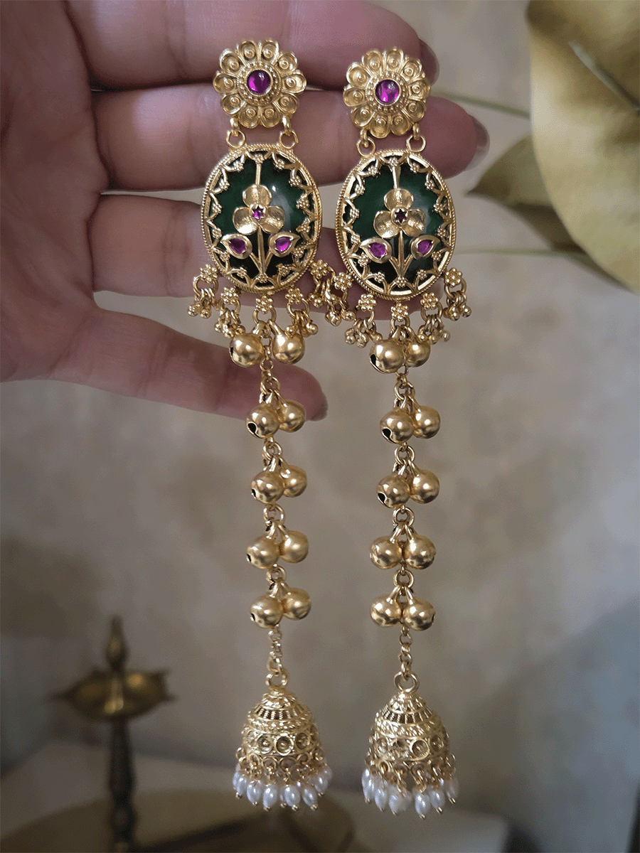 Oval green stone flower design long chain earrings with jhoomki hanging and ghunghru's on chain