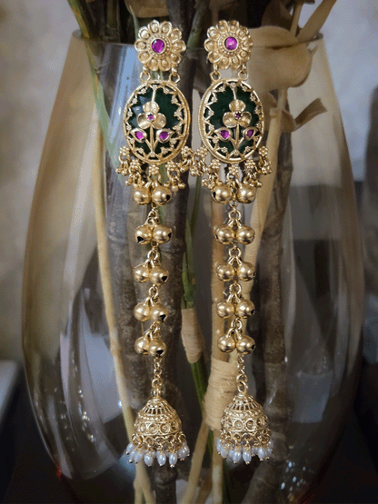 Oval green stone flower design long chain earrings with jhoomki hanging and ghunghru's on chain
