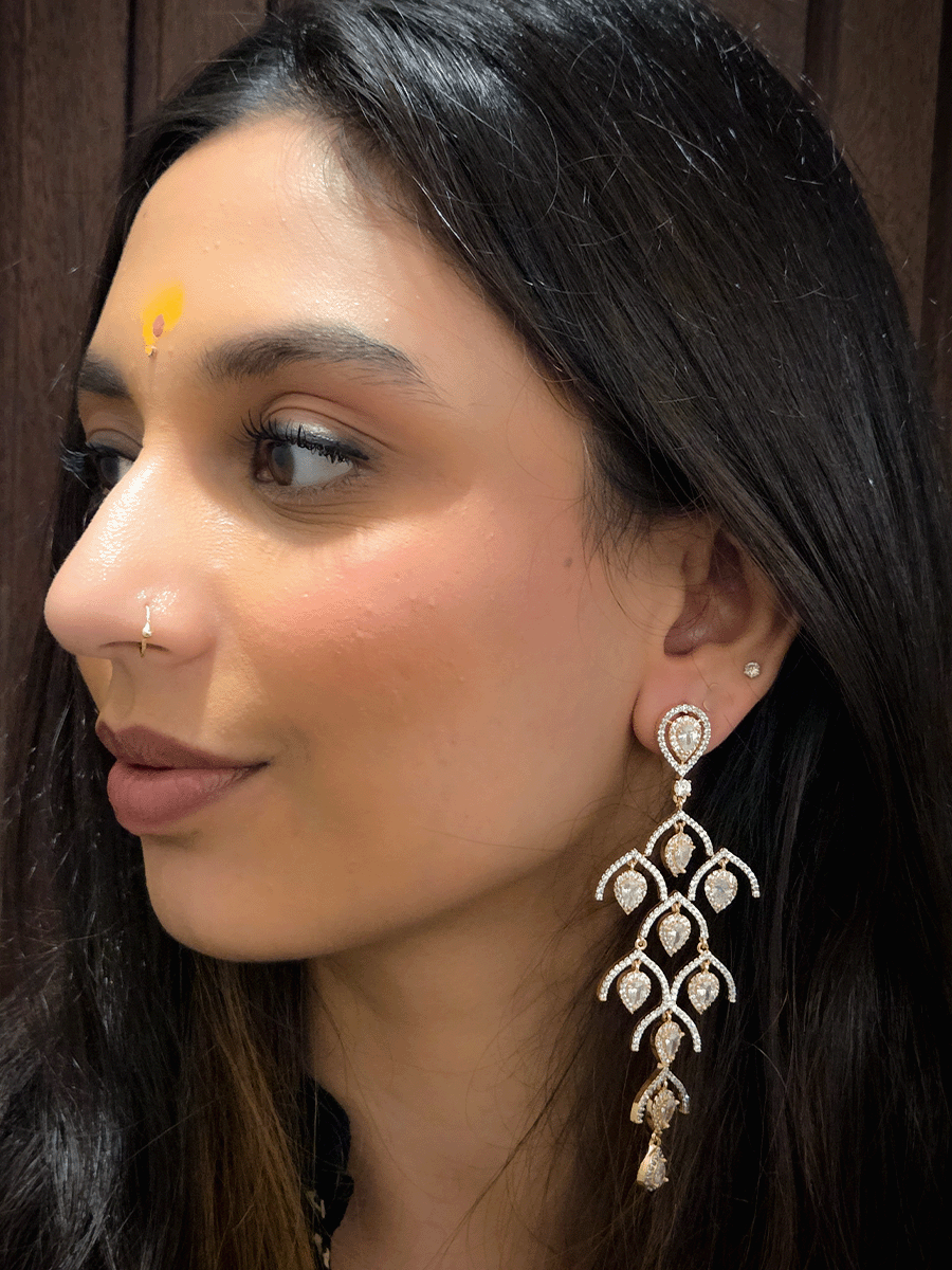 Modern 10cm long AD earrings with tear drop shaped white stones drops