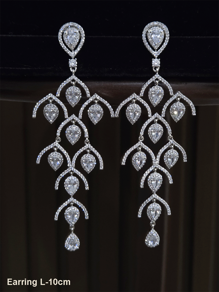 Modern 10cm long AD earrings with tear drop shaped white stones drops