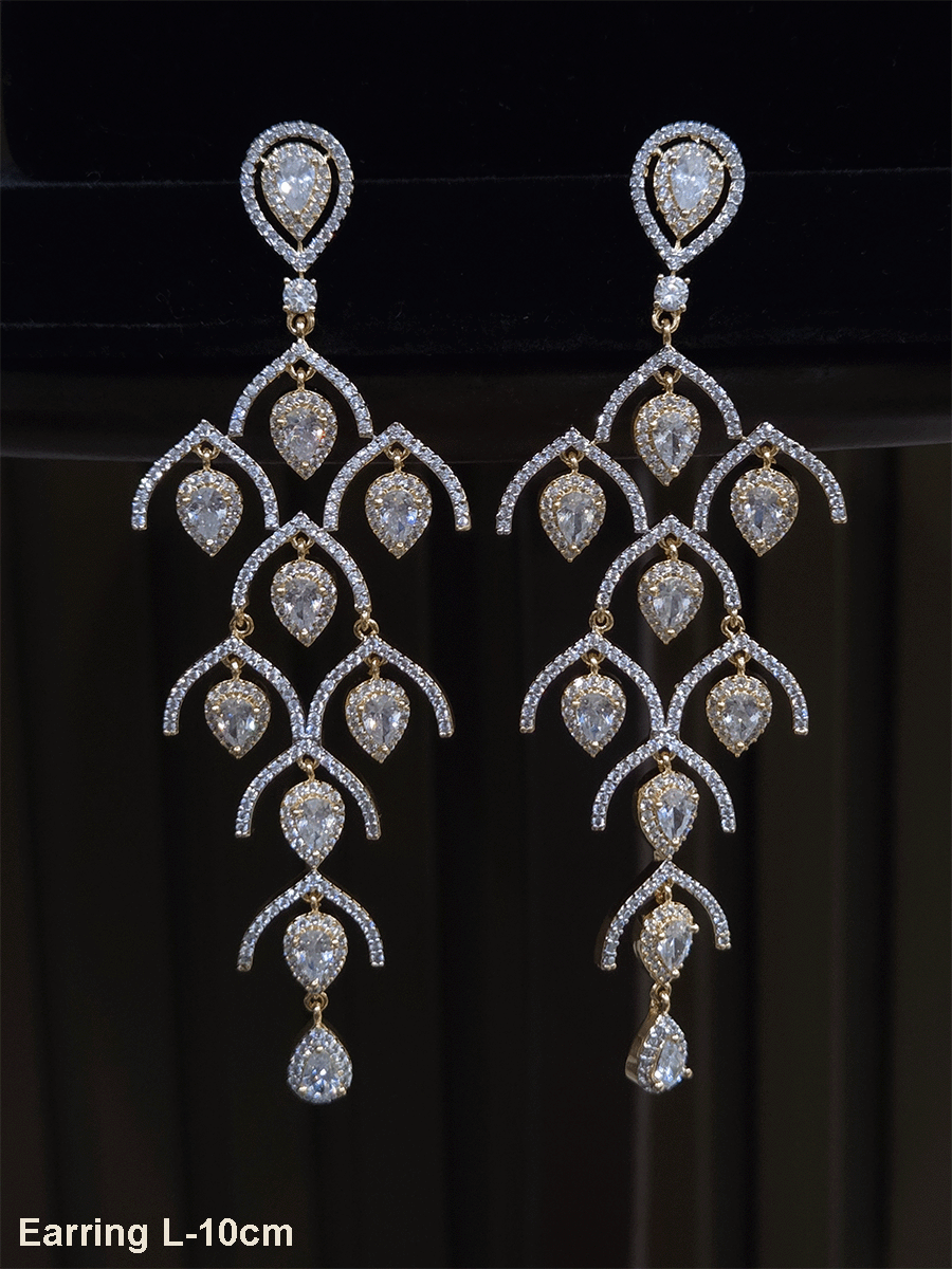 Modern 10cm long AD earrings with tear drop shaped white stones drops