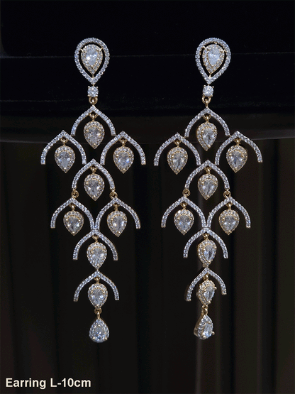 Modern 10cm long AD earrings with tear drop shaped white stones drops
