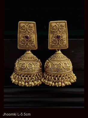 Rectangular top with self design ruby stone jhoomki