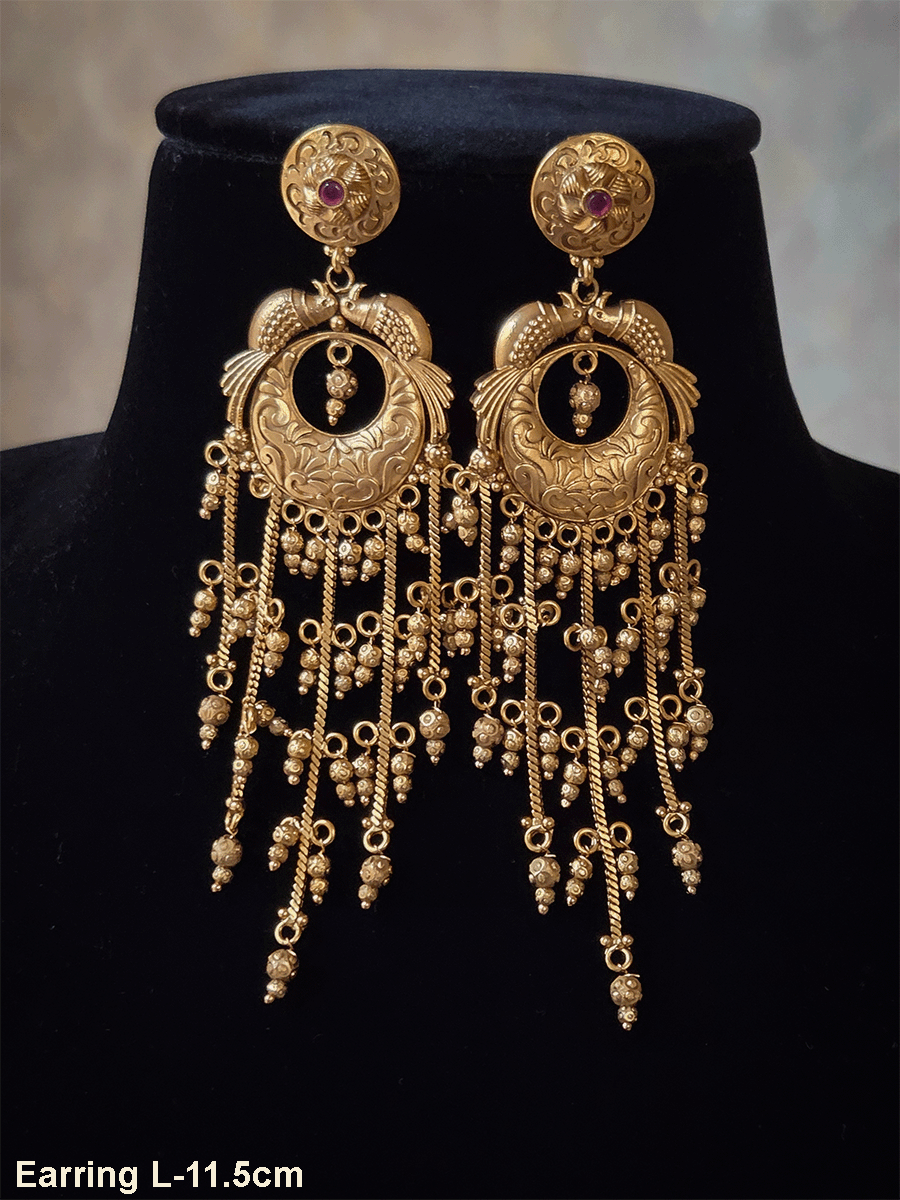 Ruby stone top with peacock sides design chain tassels with ghunghru hangings earrings