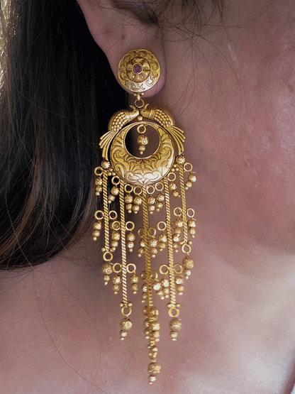 Ruby stone top with peacock sides design chain tassels with ghunghru hangings earrings