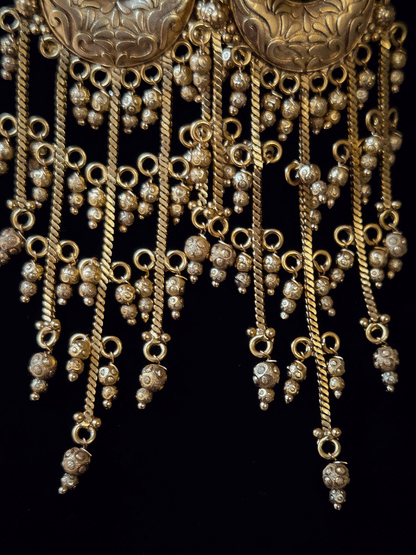 Ruby stone top with peacock sides design chain tassels with ghunghru hangings earrings