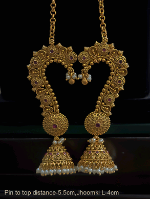 Ruby stone studded leaf and flower design karnphool with jhoomki