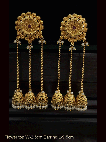 Flower top ruby stone center three jhoomki earrings(9.5cm long)