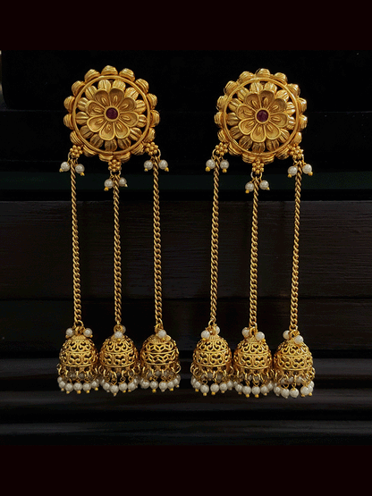 Flower top ruby stone center three jhoomki earrings(9.5cm long)