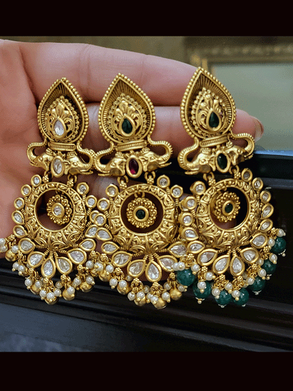 Leaf top elephant design coloured stones polki earrings