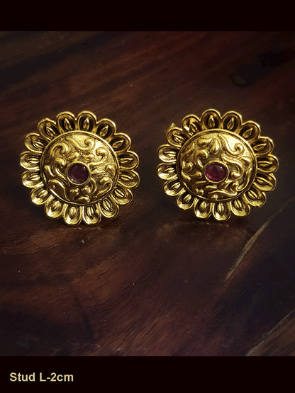 2cm long flower design studs with ruby stone in center
