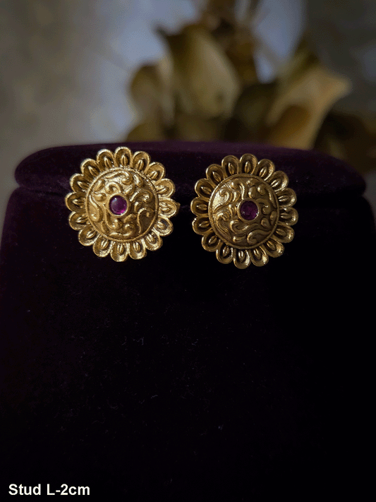 2cm long flower design studs with ruby stone in center