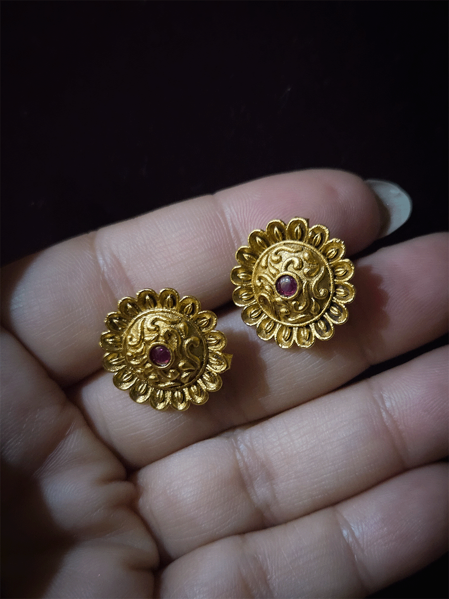 2cm long flower design studs with ruby stone in center
