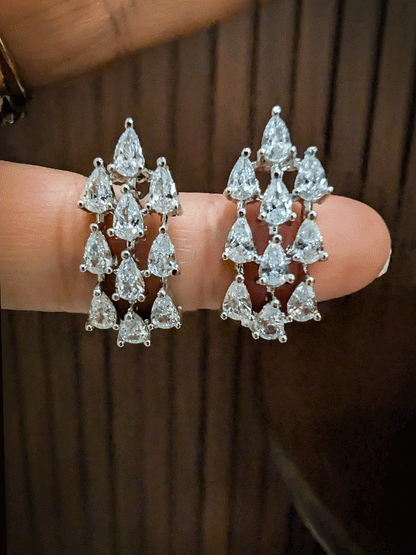 Tear drop shaped half bali design silver finish AD earrings(2.5cm)