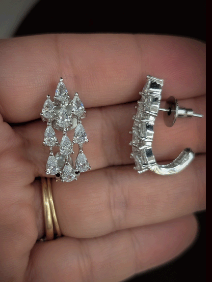 Tear drop shaped half bali design silver finish AD earrings(2.5cm)
