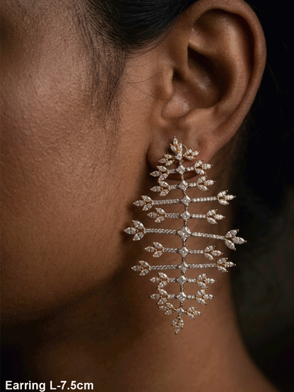 Straight horizontal zircon studded lines with three leaf design at the ends long gold finish flexible earrings