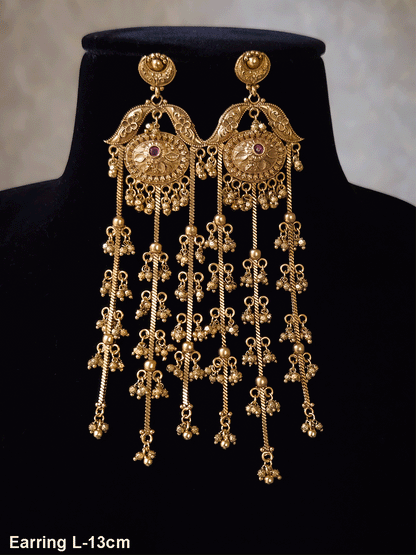 Ruby stones oval and leaf sides design three chain tassels with ghunghru hangings 13cm long earrings