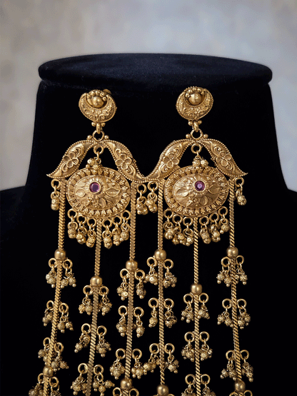Ruby stones oval and leaf sides design three chain tassels with ghunghru hangings 13cm long earrings